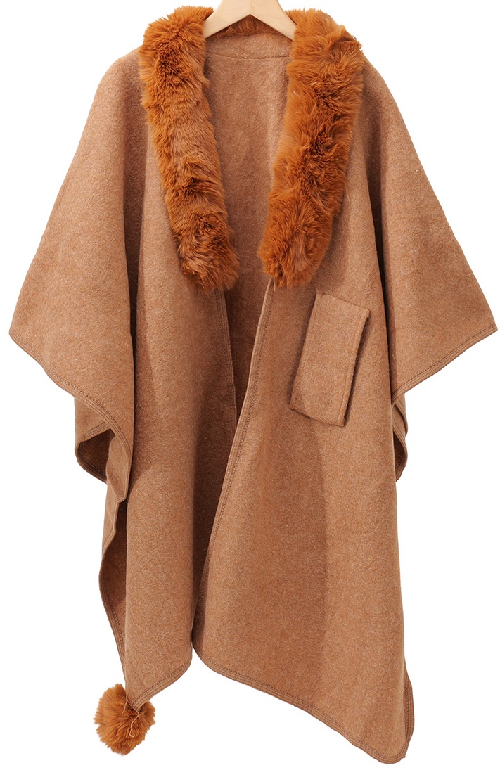 T-P4.2 SCARF1005-003-3 Luxury Poncho Faux Fur Brown