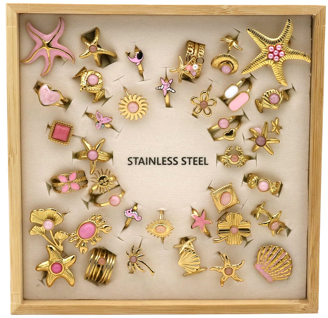 C-D13.1 R221-316-2 S. Steel Rings Adjustable in Display - 36pcs Pink