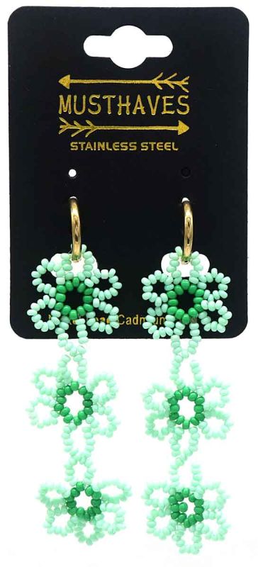 B-C16.3 E221-447 No.5 S. Steel Earrings Glass Flowers 8cm Green