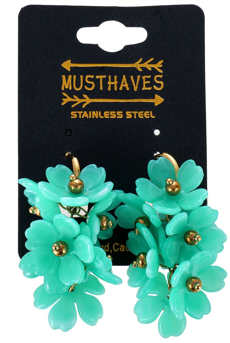 D-F16.1 E1144-027-3 S. Steel Earrings Flowers 5cm - Turqoise