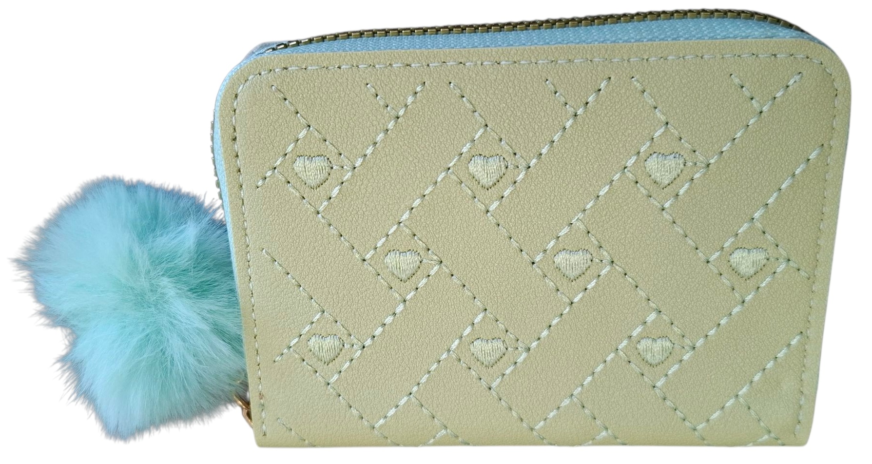 X-G8.2 WA009-011-3 PU Wallet Embroidered Hearts 12x9cm - Green