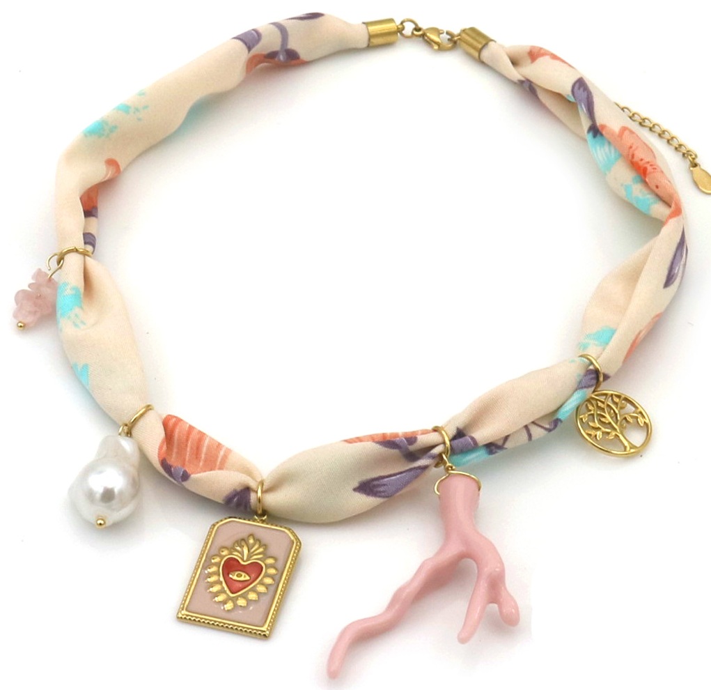 E-D21.2 N098-038 Fabric Necklace S. Steel Charms 40-45cm