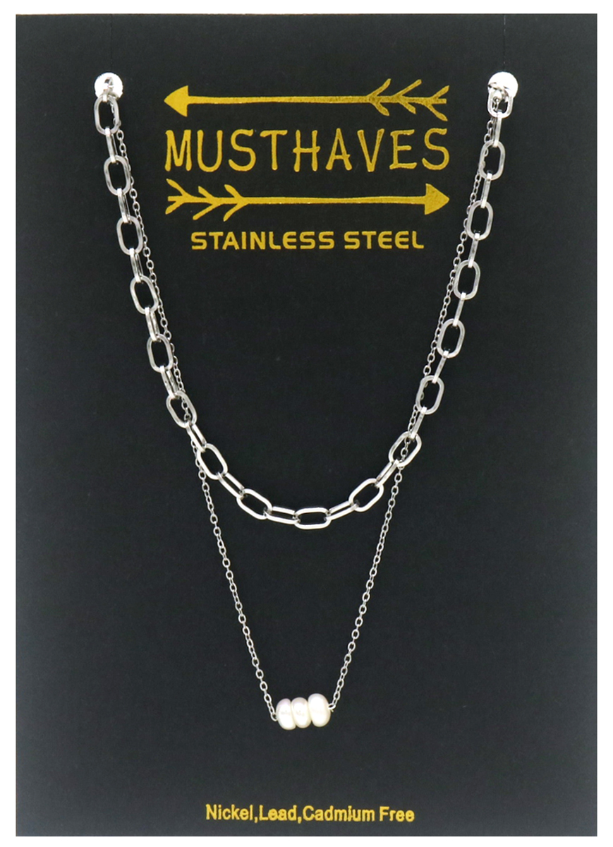 C-B22.1 N2020-007S S. Steel Necklace Layered Freshwater Pearl Silver