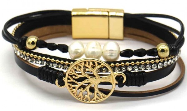 A-E6.4  B720-003 Leather Bracelet Tree of Life Black