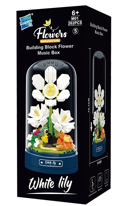 R-D6.2 M01-5 Building Blocks Rotating Music Box 19.1x10.9cm - White Lily