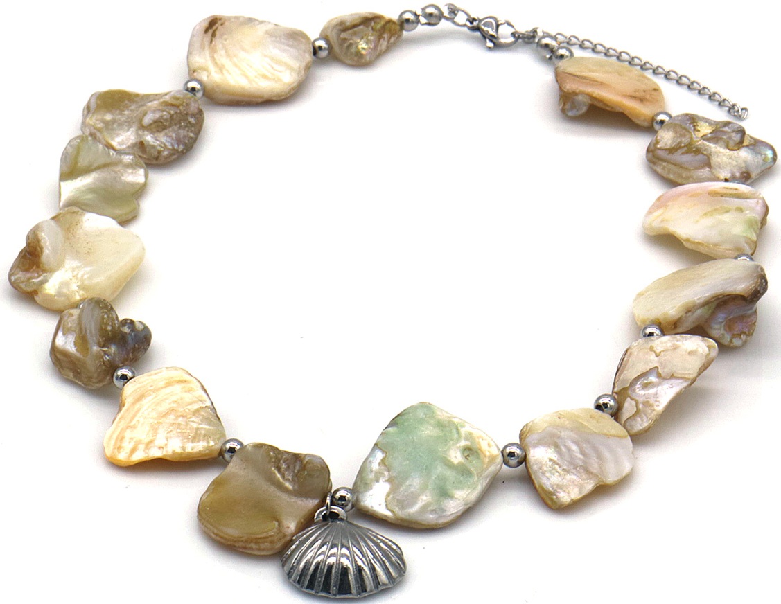 G-D2.1 N074-056S-2 S. Steel Statement Necklace Shells 40-45cm
