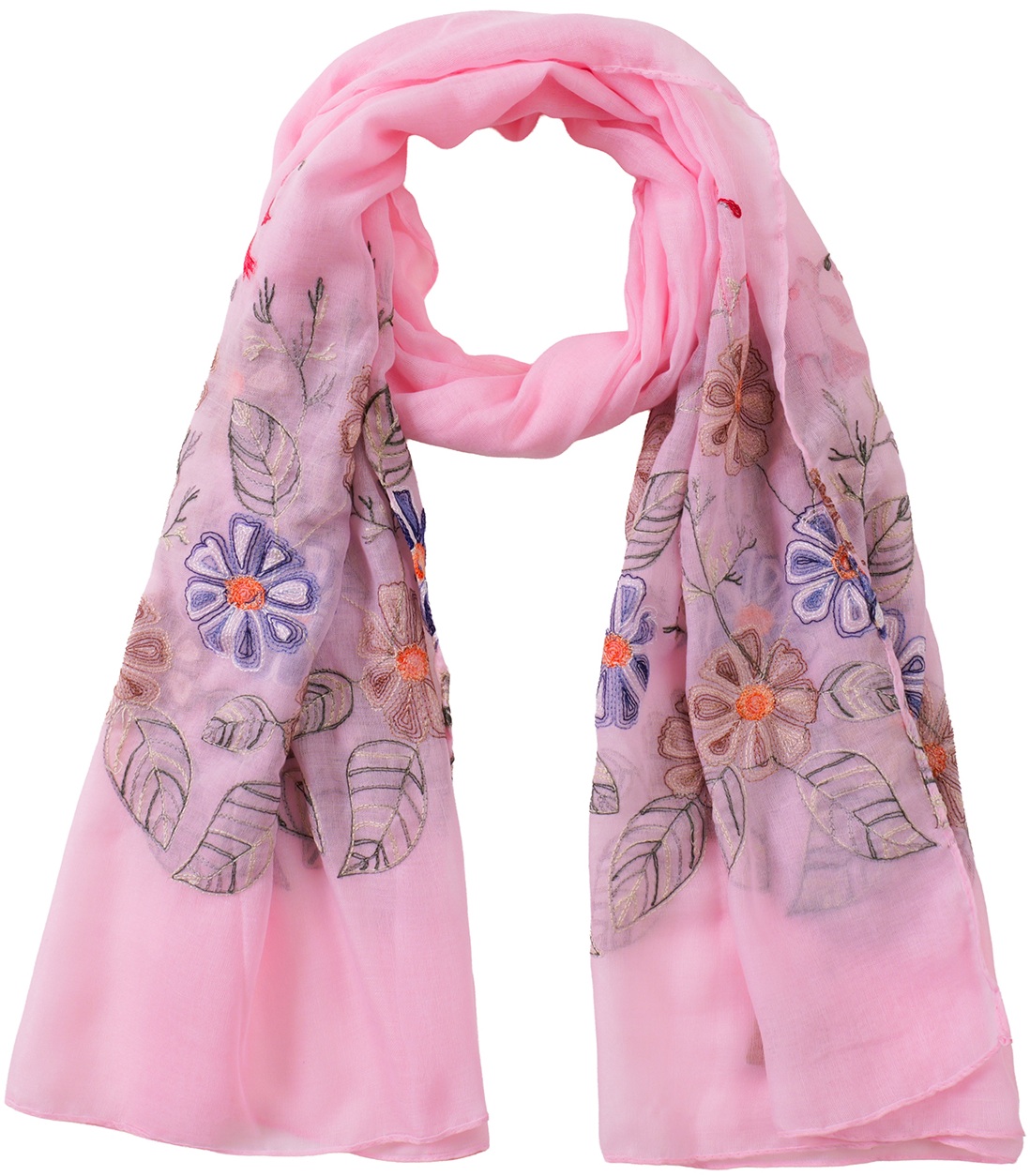 X-C10.1 SCARF1110-005-7 Scarf Embroidered Flowers 180x70cm - Pink