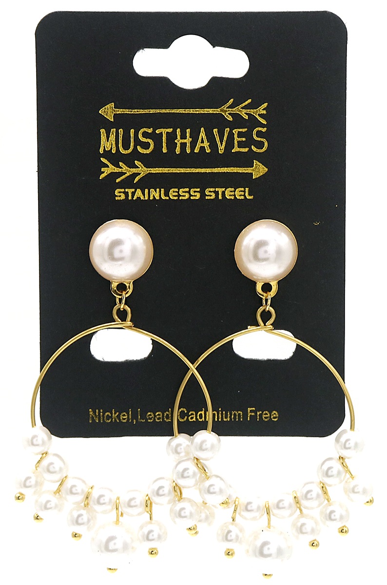 B-B9.2 E012-006G S. Steel Earrings with Pearls 5.5x3cm