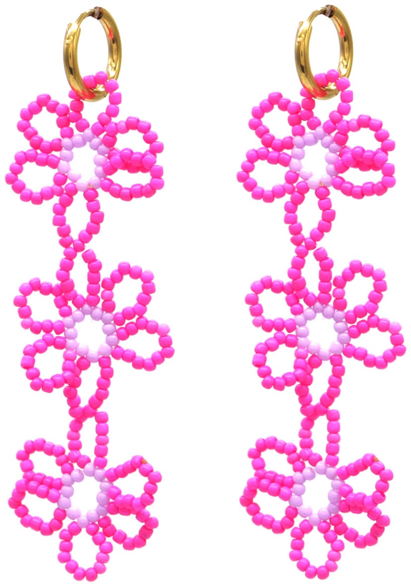 B-A16.2 E221-447 No.2 S. Steel Earrings Glass Flowers 8cm Fuchsia