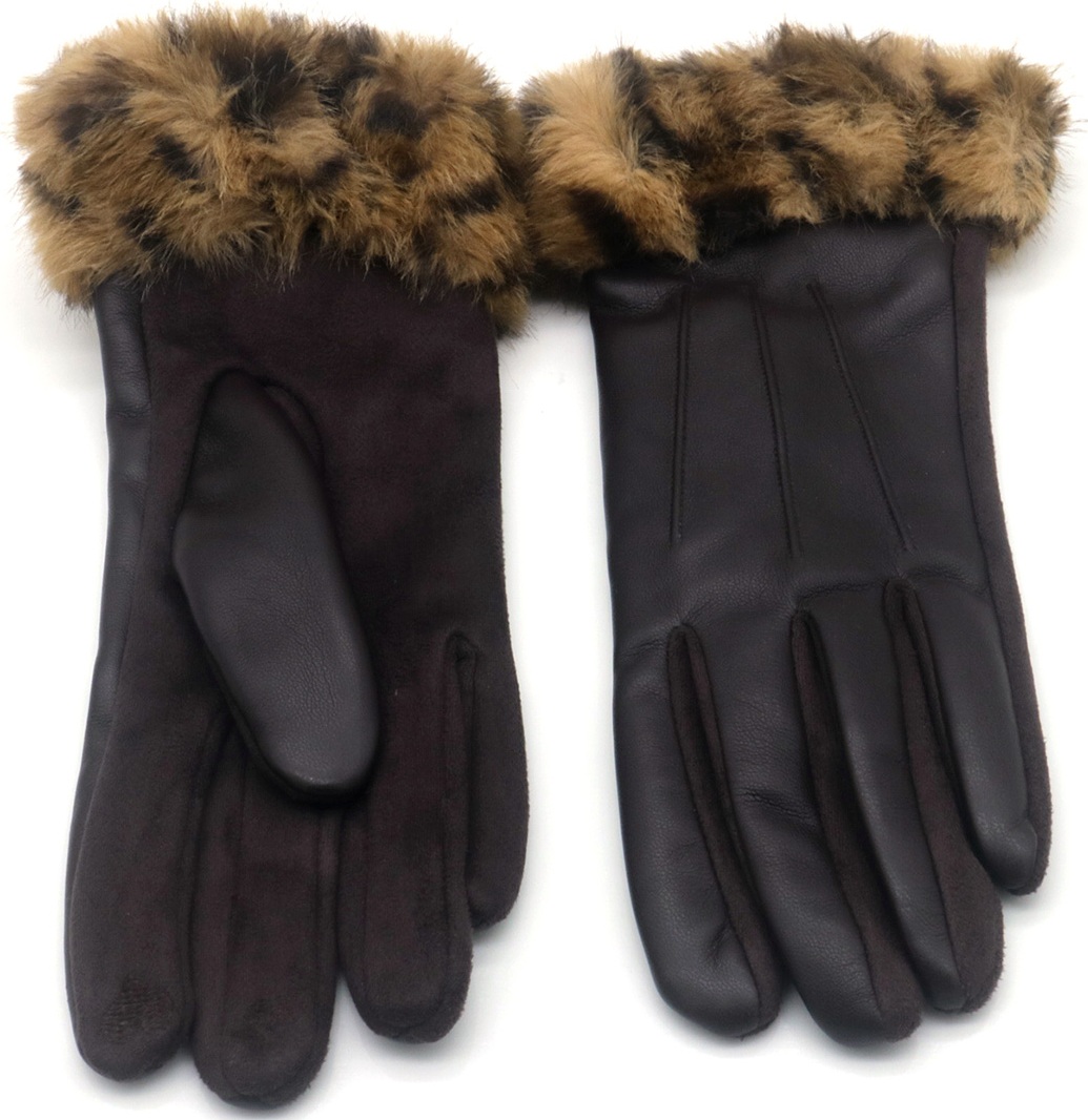 T-L4.1 GLOVES1002-008-4 PU Gloves Faux Fur Leopard Brown
