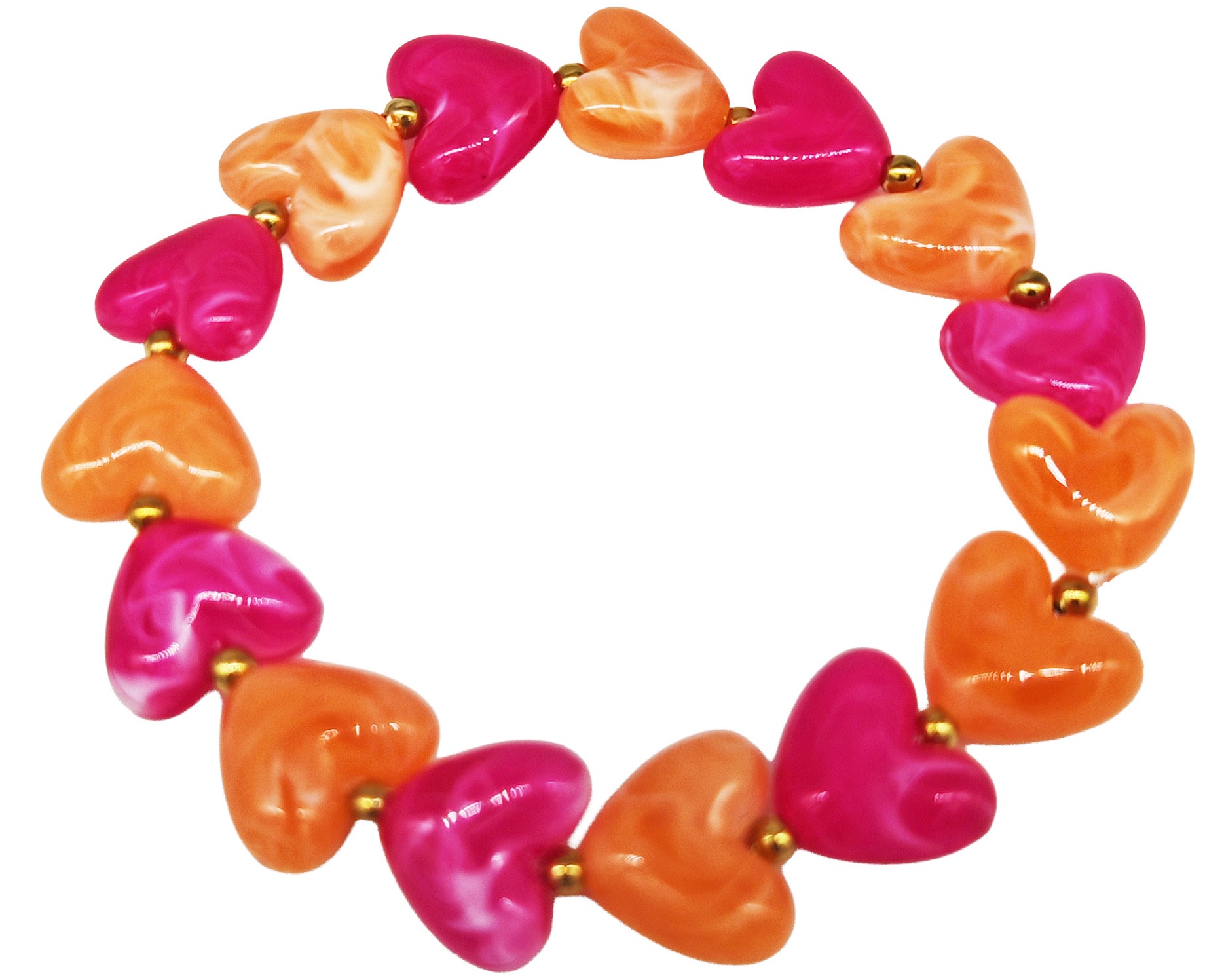 H-B6.4 B1144-006-1  Elastic Bracelet Hearts S. Steel Beads - Orange -Pink