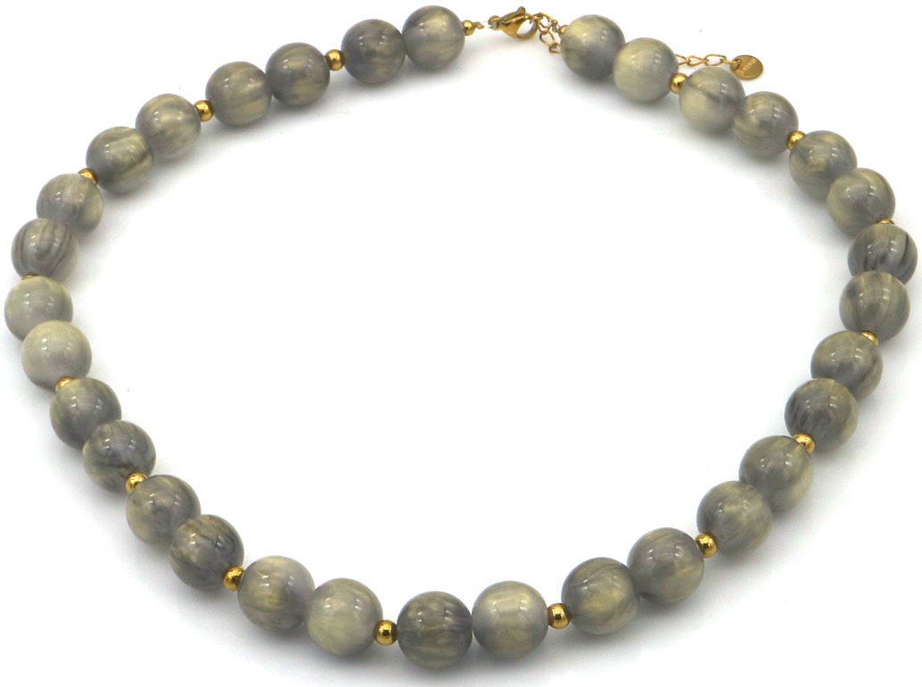A-C26.1  N1144-008-7 S. Steel Necklace 10mm Beads 40-45cm Grey