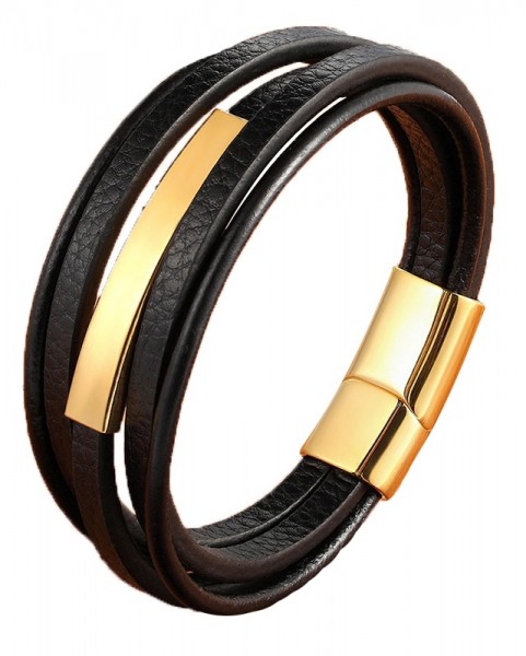 G-E9.3 B021-015G S. Steel with Leather Bracelet 21cm Gold-Black G-E9.3 B021-015G S. Steel with Leather Bracelet 21cm Gold-Black