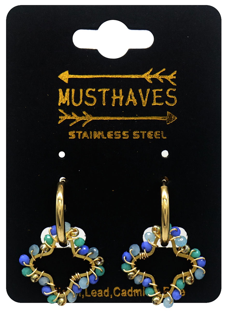 C-B4.1 E221-491 S. Steel Earrings Glassbeads Clover 2.6cm Blue