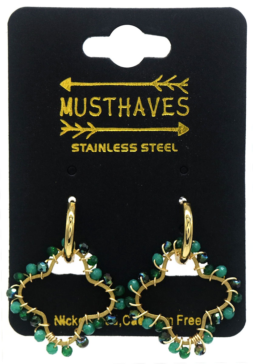B-C3.1 E221-491 S. Steel Earrings Glassbeads Clover 3cm Green