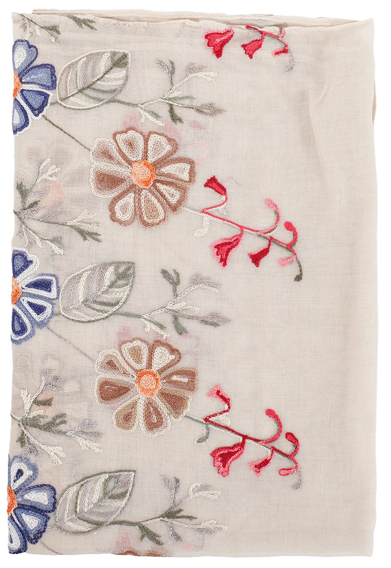 K-D4.1 SCARF1110-005-2 Scarf Embroidered Flowers 180x70cm - Beige